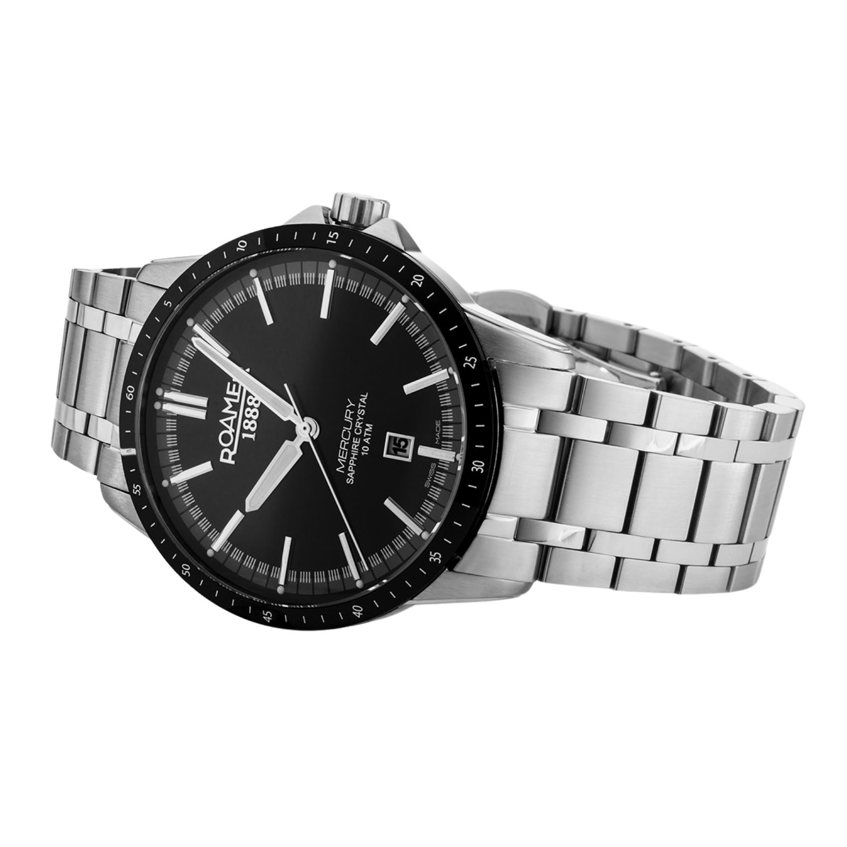 Μαύρο καντράν ρολογιού Roamer Mercury Classic 968833-41-85-20 διαμέτρου 42mm με ένδειξη ημερομηνίας