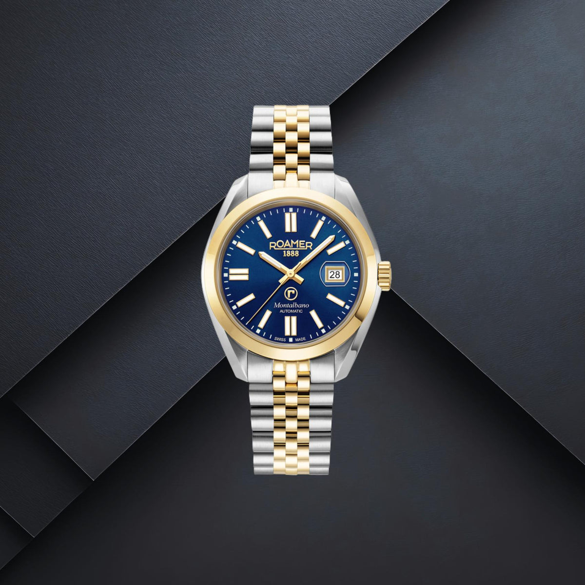 Ανδρικό ρολόι Roamer Montalbano 996983-47-45-20 με ασημί-χρυσό μπρασελέ, μπλε καντράν 41.5mm, ένδειξη ημερομηνίας