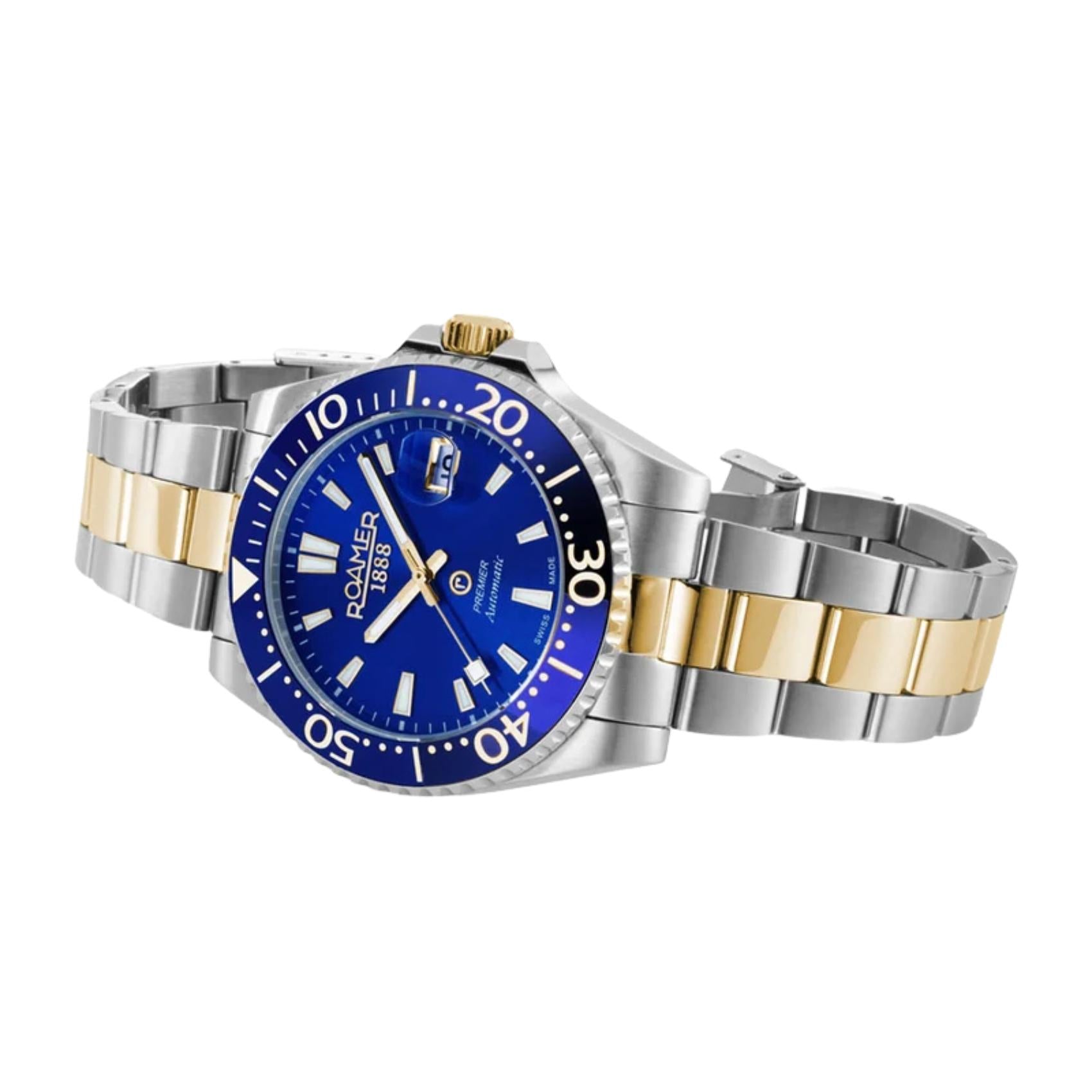 Μπλε καντράν ρολογιού Roamer Premier 986983-47-45-20 διαμέτρου 42mm με ένδειξη ημερομηνίας