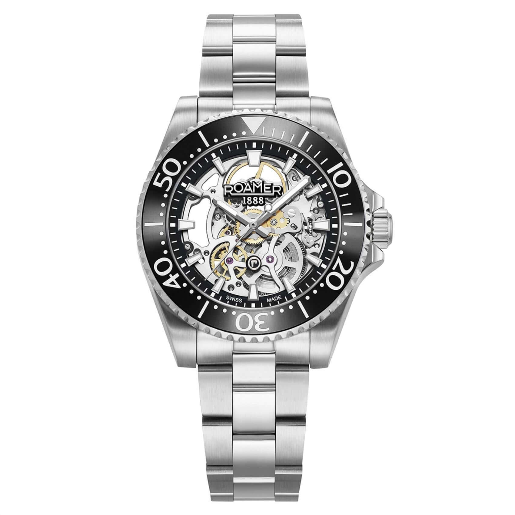 Ανδρικό ρολόι Roamer Premier Skeleton Limited 986984-41-85-20 με μαύρο λουράκι σιλικόνης, αυτόματο open back μηχανισμό Swiss Made και κάσα 42 mm.