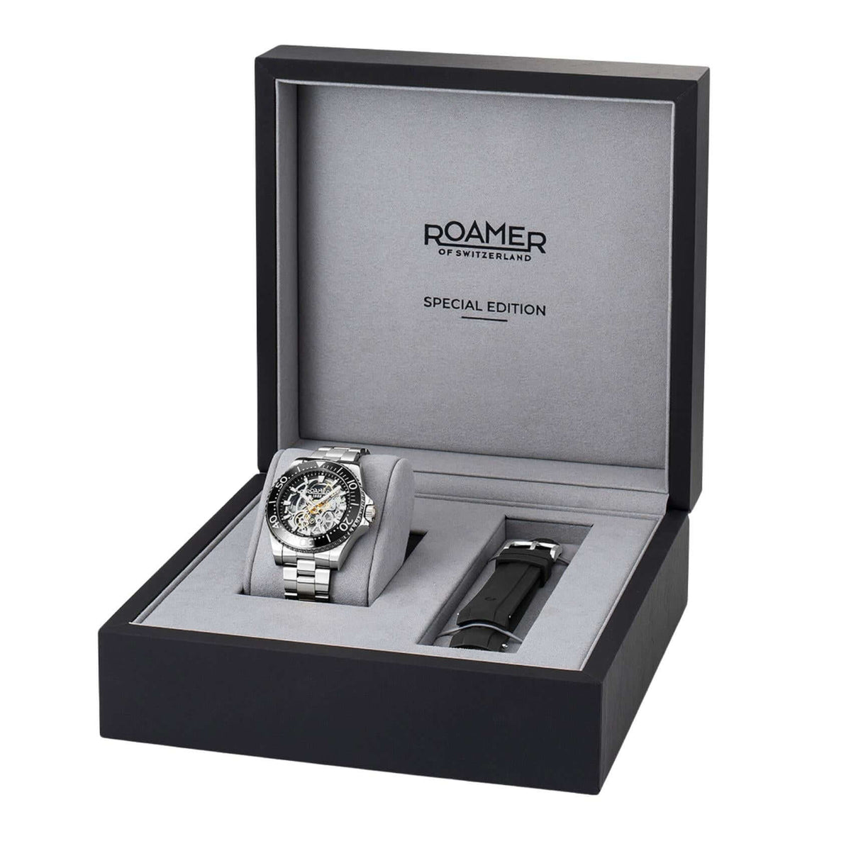 Ανδρικό ρολόι Roamer Premier Skeleton Limited 986984-41-85-20 με το επίσημο κουτί συσκευασίας και μαύρο λουράκι σιλικόνης.