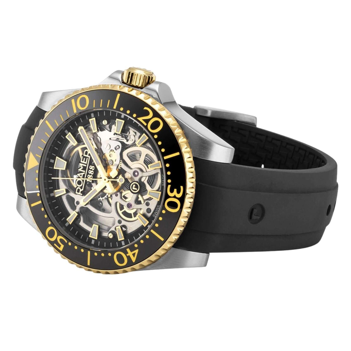 Καντράν στο ανδρικό ρολόι Roamer Premier Skeleton Limited 986984-47-85-21 σε μαύρο skeleton σχέδιο με κάσα 42 mm με μαύρο λουράκι σιλικόνης.