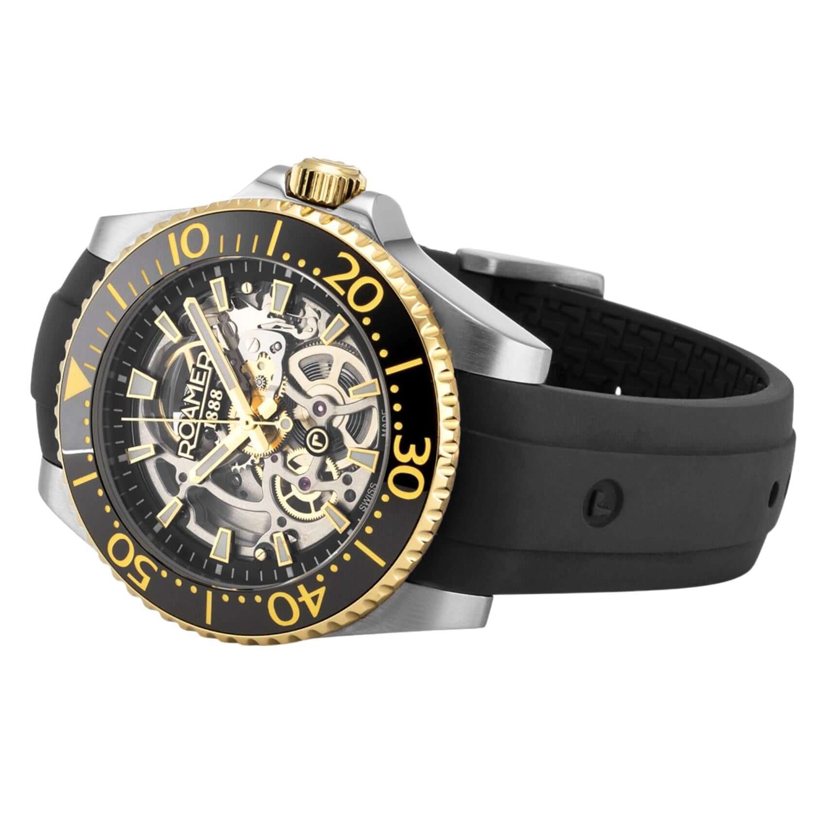 Καντράν στο ανδρικό ρολόι Roamer Premier Skeleton Limited 986984-47-85-21 σε μαύρο skeleton σχέδιο με κάσα 42 mm με μαύρο λουράκι σιλικόνης.