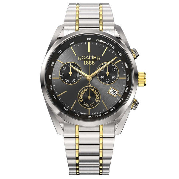 Ανδρικό ρολόι Roamer Pro Chrono Alexander the Great 993819-47-85-21 με δίχρωμο ασημί-χρυσό μπρασελέ, μαύρο καντράν 44mm, χρονογράφο και ένδειξη ημέρας και ημερομηνίας.