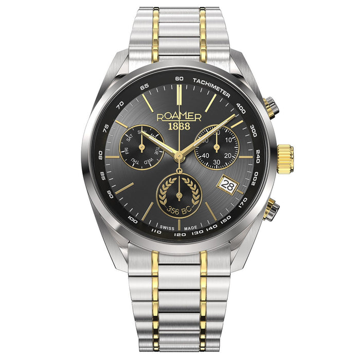 Ανδρικό ρολόι Roamer Pro Chrono Alexander the Great 993819-47-85-21 με δίχρωμο ασημί-χρυσό μπρασελέ, μαύρο καντράν 44mm, χρονογράφο και ένδειξη ημέρας και ημερομηνίας.