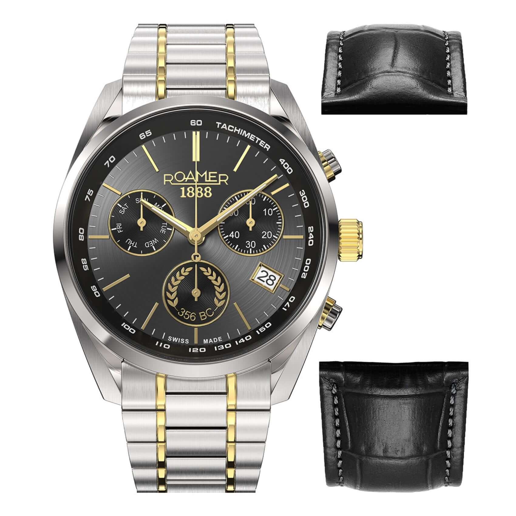 Ανδρικό ρολόι Roamer Pro Chrono Alexander the Great 993819-47-85-21 με μαύρο καντράν 44mm και επιπλέον μαύρο δερμάτινο λουράκι στο box set.