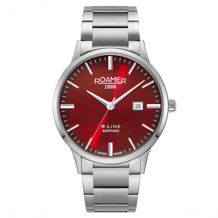 Ανδρικό ρολόι Roamer R-Line Classic 718833-41-65-70 με ασημί ατσάλινο μπρασελέ και κόκκινο καντράν διαμέτρου 43mm.