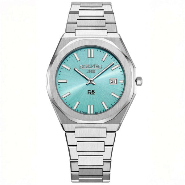 Ανδρικό ρολόι Roamer R8 Gents 972980-41-05-20 swiss made με ασημί ατσάλινο μπρασελέ και τιρκουάζ καντράν διαμέτρου 40mm.
