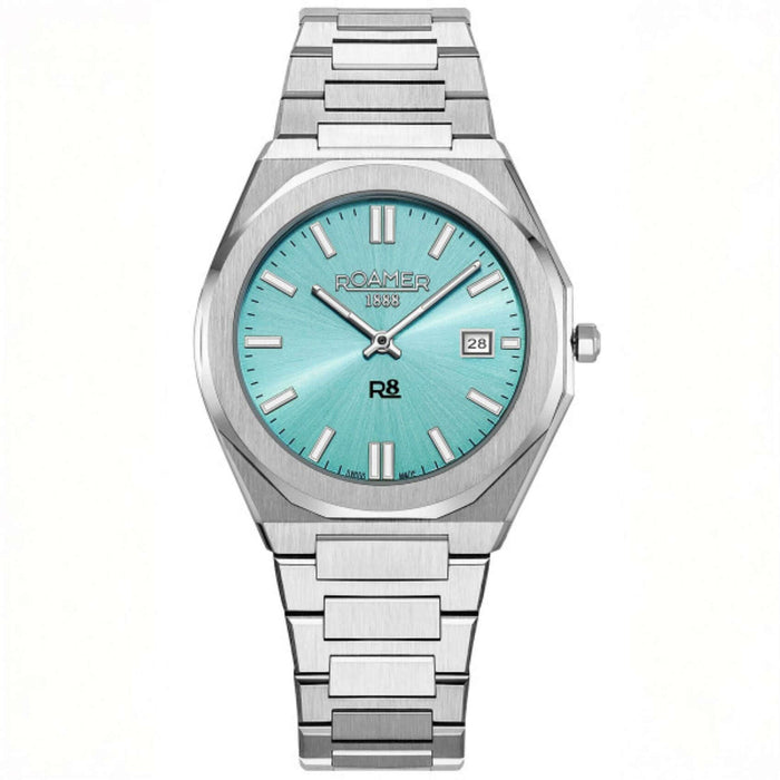 Ανδρικό ρολόι Roamer R8 Gents 972980-41-05-20 swiss made με ασημί ατσάλινο μπρασελέ και τιρκουάζ καντράν διαμέτρου 40mm.