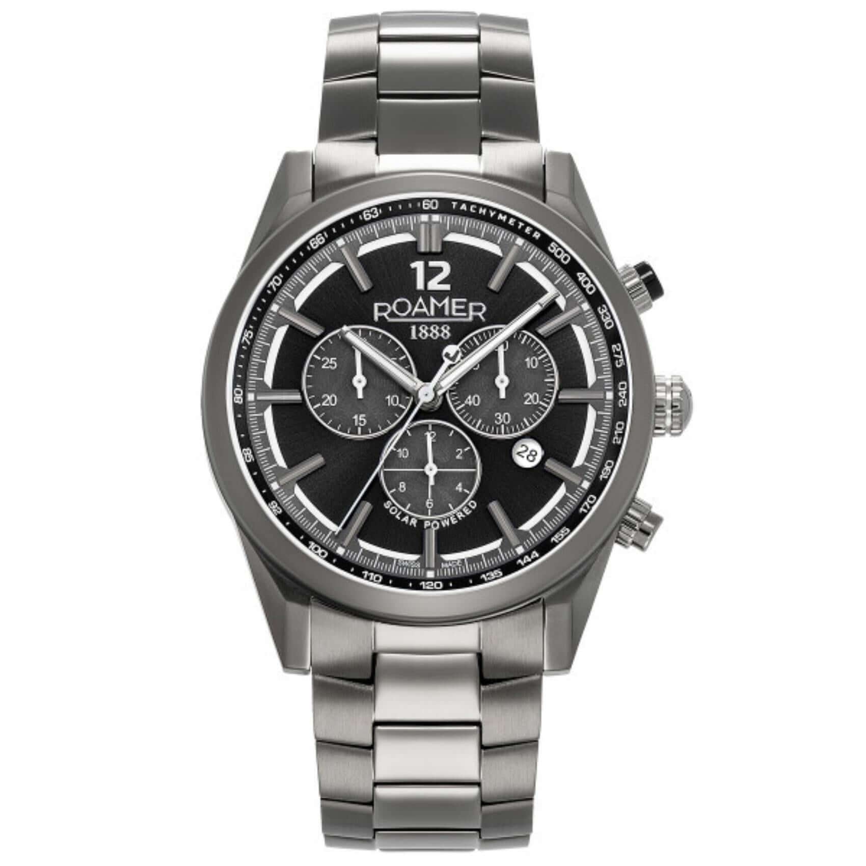 Ανδρικό ρολόι Roamer Helios Power 973981-44-85-20 Solar με ανθρακί μπρασελέ από τιτάνιο και μαύρο καντράν διαμέτρου 43.5mm.