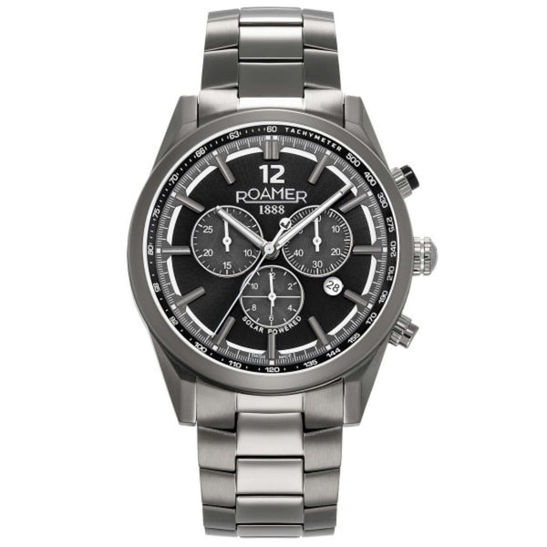 Ανδρικό ρολόι Roamer Helios Power 973981-44-85-20 Solar με ανθρακί μπρασελέ από τιτάνιο και μαύρο καντράν διαμέτρου 43.5mm.