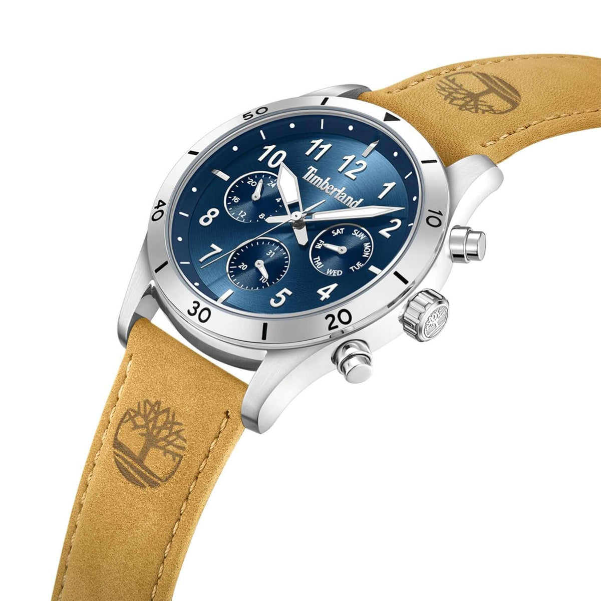 Πλάγια όψη του Timberland Ashmont TDWGF0054701 με ταμπά δερμάτινο λουράκι και μπλε καντράν