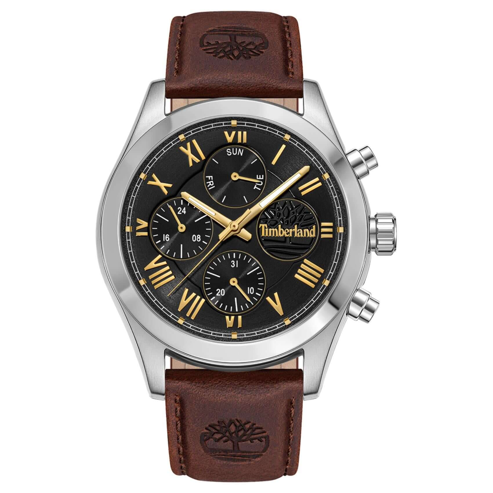 Ανδρικό ρολόι Timberland Ashmont TDWGF0082601 με καφέ δερμάτινο λουράκι, μαύρο καντράν 44 mm, ένδειξη ημέρας, ημερομηνίας, 24ωρης ώρας και στεγανότητα 5ATM.