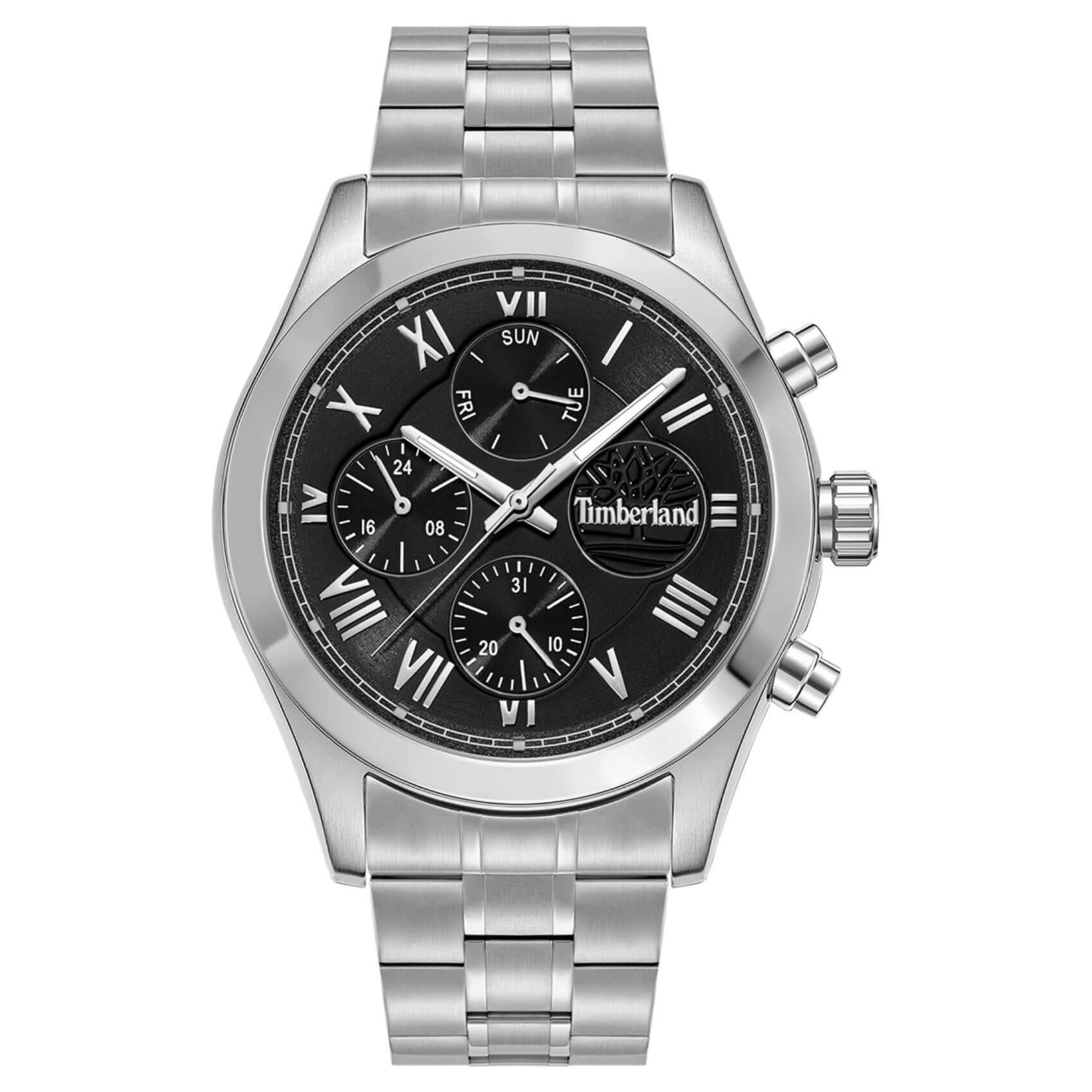 Ανδρικό ρολόι Timberland Ashmont TDWGK0082603 με ασημί ατσάλινο μπρασελέ, μαύρο καντράν 44 mm, ένδειξη ημέρας, ημερομηνίας, 24ωρης ώρας και στεγανότητα 5ATM.
