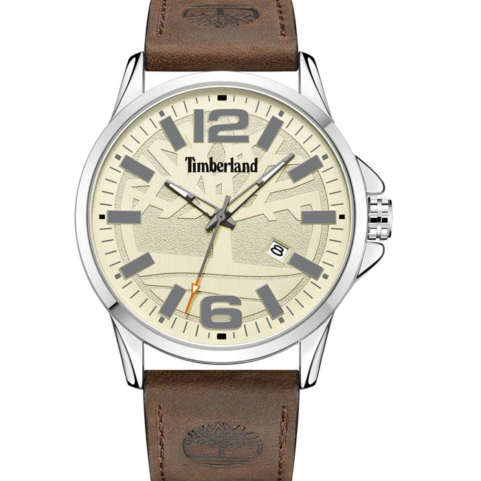 Ανδρικό ρολόι Timberland Bernardston TDWGB2131802 με καφέ δερμάτινο λουράκι και μπεζ καντράν 45.5 mm.