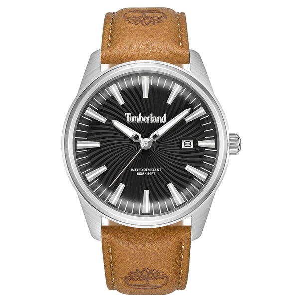 Ανδρικό ρολόι Timberland Birch Road TDWGB0083101 με καφέ δερμάτινο λουράκι, μαύρο καντράν και κάσα 45 mm.