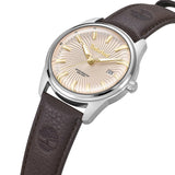 Πλάγια όψη του Timberland Birch Road TDWGB0083102 με καφέ δερμάτινο λουράκι και μπεζ καντράν.