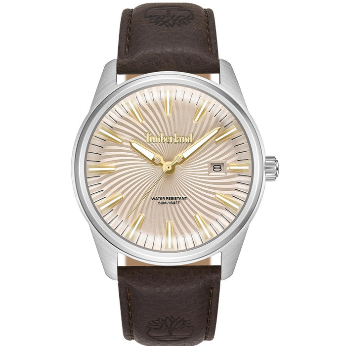 Ανδρικό ρολόι Timberland Birch Road TDWGB0083102 με καφέ δερμάτινο λουράκι, μπεζ καντράν και κάσα 45 mm.
