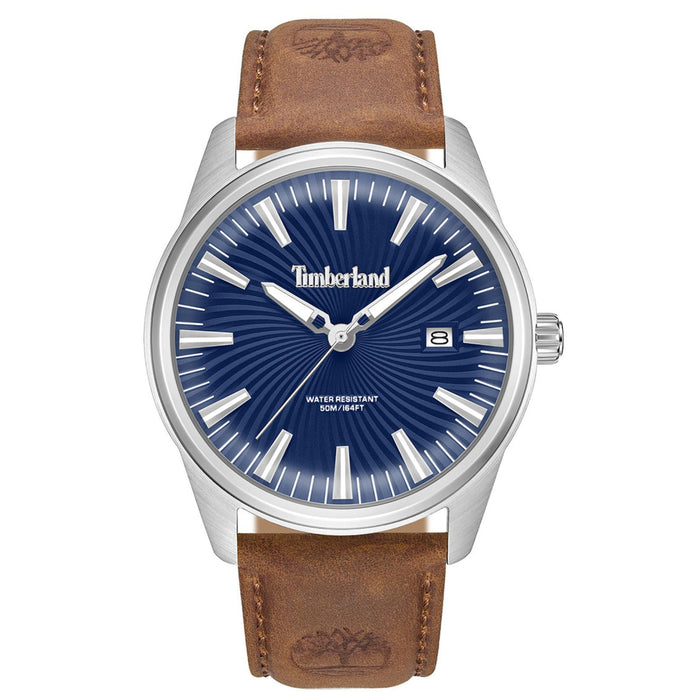Ανδρικό ρολόι Timberland Birch Road TDWGB0083103 με καφέ δερμάτινο λουράκι, μπλε καντράν και κάσα 45 mm.