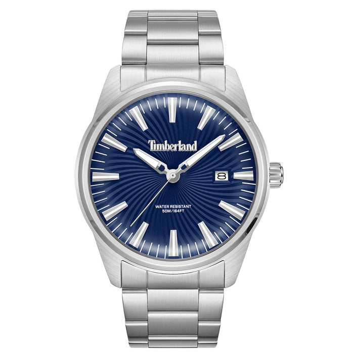 Ανδρικό ρολόι Timberland Birch Road TDWGH0083104 με ασημί ατσάλινο μπρασελέ, μπλε καντράν και κάσα 45 mm.