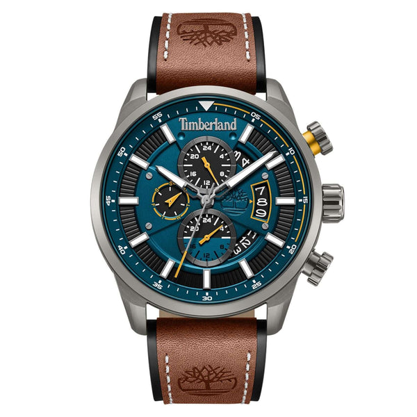 Ανδρικό ρολόι Timberland Calahan TDWGF0095401 με καφέ δερμάτινο λουράκι, μπλε καντράν 46 mm, ένδειξη ημέρας-ημερομηνίας, διπλής ώρας και στεγανότητα 5ATM.