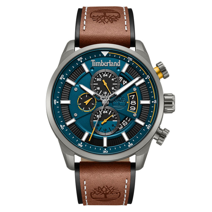 Ανδρικό ρολόι Timberland Calahan TDWGF0095401 με καφέ δερμάτινο λουράκι, μπλε καντράν 46 mm, ένδειξη ημέρας-ημερομηνίας, διπλής ώρας και στεγανότητα 5ATM.