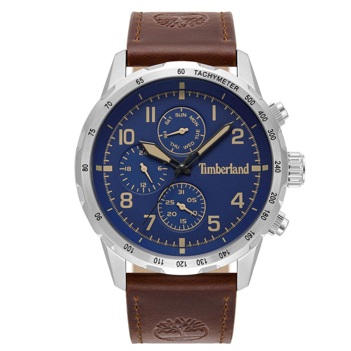 Ανδρικό ρολόι Timberland Campton TDWGF0055401 με καφέ δερμάτινο λουράκι και μπλε καντράν 44 mm