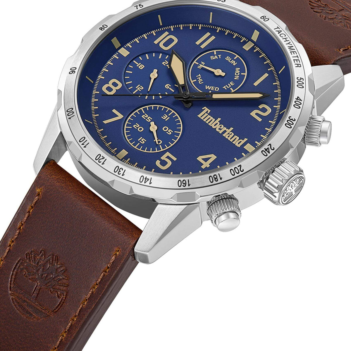 Πλάγια όψη του Timberland Campton TDWGF0055401 με καφέ λουράκι και μπλε καντράν.