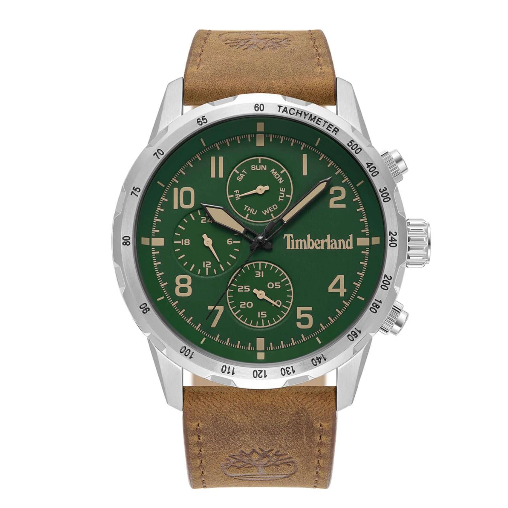 Ανδρικό ρολόι Timberland Campton TDWGF0055402 με ταμπά δερμάτινο λουράκι, πράσινο καντράν 44 mm, ένδειξη ημέρας-ημερομηνίας, διπλής ώρας και στεγανότητα 5ATM.