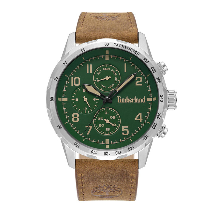 Ανδρικό ρολόι Timberland Campton TDWGF0055402 με ταμπά δερμάτινο λουράκι, πράσινο καντράν 44 mm, ένδειξη ημέρας-ημερομηνίας, διπλής ώρας και στεγανότητα 5ATM.