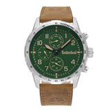 Ανδρικό ρολόι Timberland Campton TDWGF0055402 με ταμπά δερμάτινο λουράκι, πράσινο καντράν 44 mm, ένδειξη ημέρας-ημερομηνίας, διπλής ώρας και στεγανότητα 5ATM.