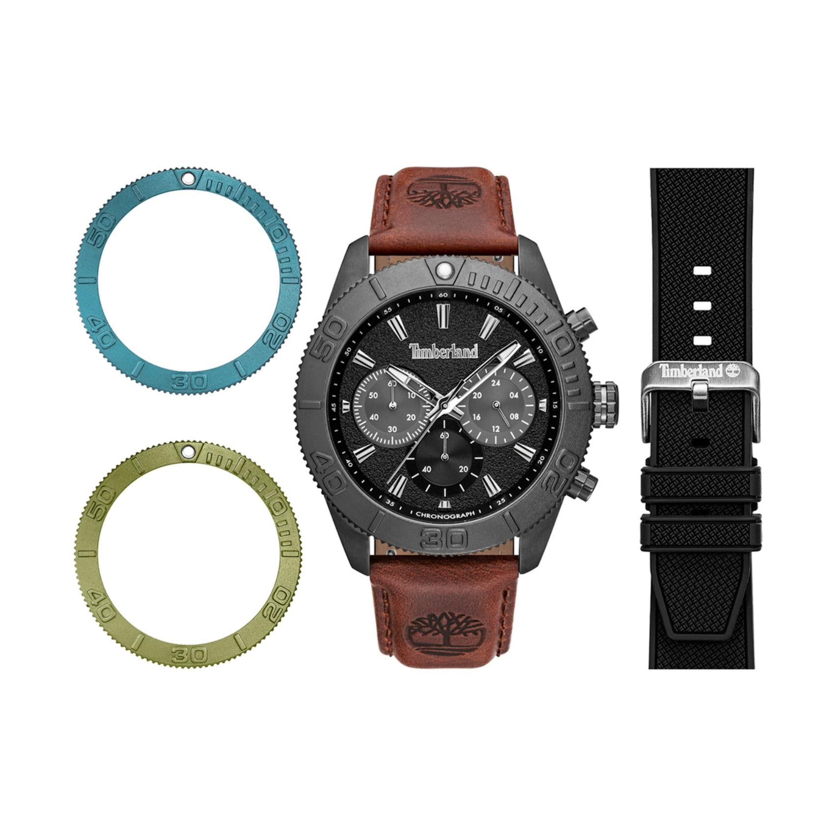 Ανδρικό ρολόι σετ Timberland Carrigan TDWGQ00942X0 με καφέ δερμάτινο λουράκι, μαύρο καντράν και εναλλασσόμενες στεφάνες και μαύρο λουράκι σιλικόνης