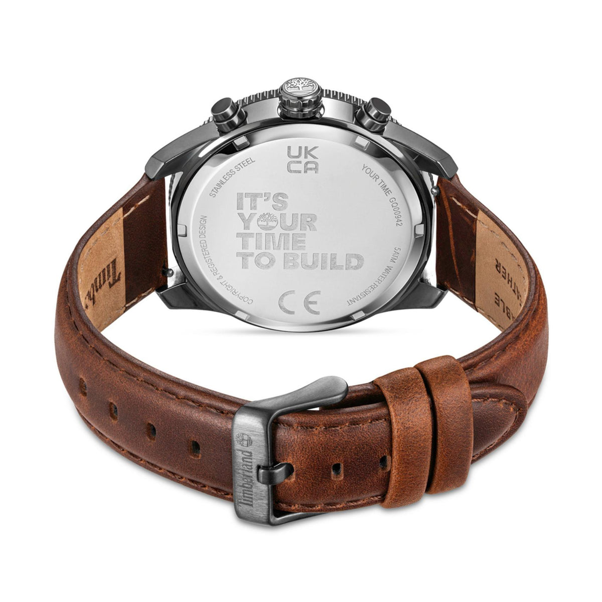 Πίσω όψη ρολογιού Timberland Carrigan TDWGQ00942X0 με καφέ δερμάτινο λουράκι και στεγανότητα 5 ATM