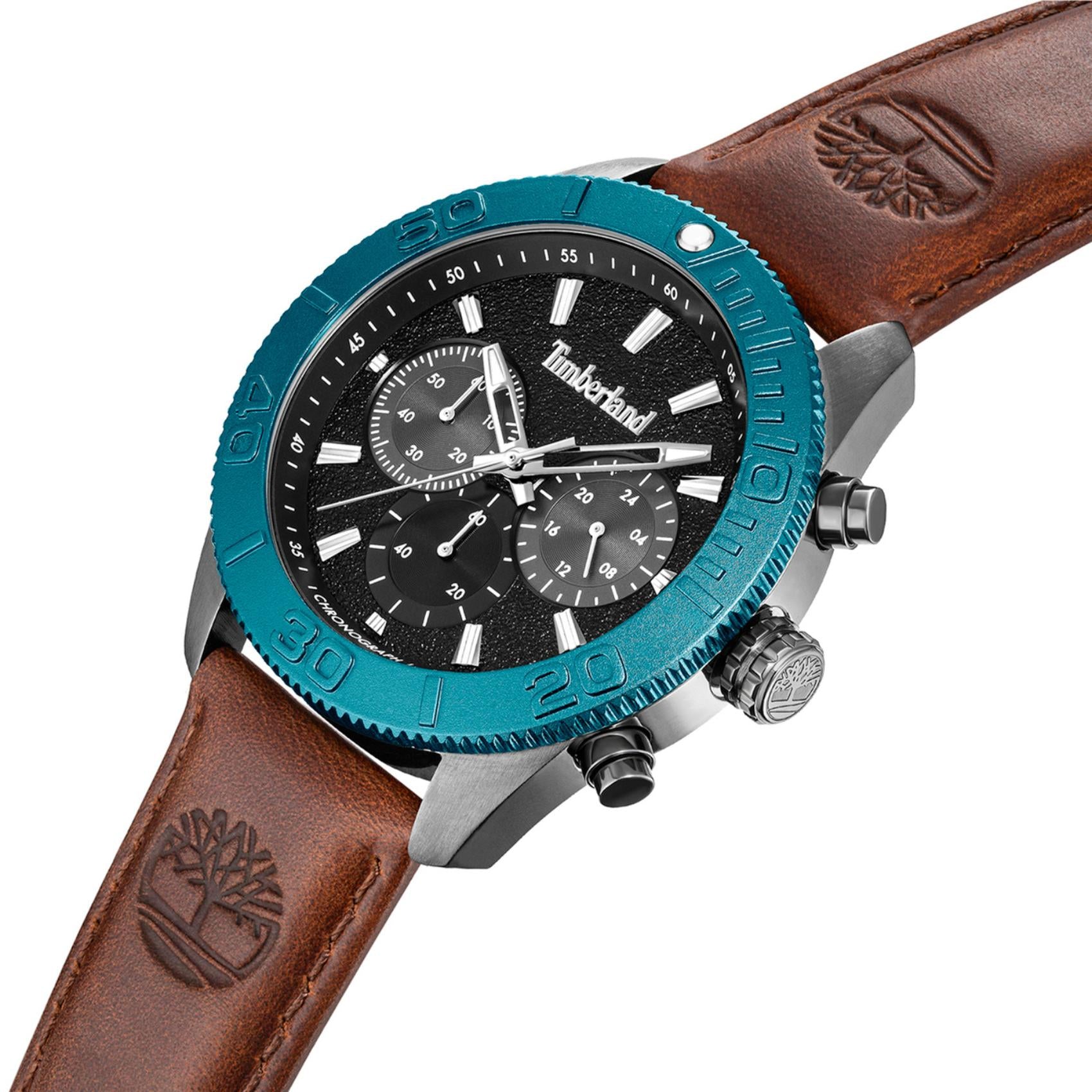 Ανδρικό ρολόι Timberland Carrigan TDWGQ00942X0 με μπλε εναλλασσόμενη στεφάνη και καφέ λουράκι