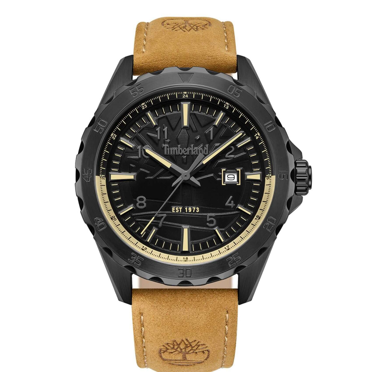 Ανδρικό ρολόι Timberland Day Pond TDWGB0055803 με ταμπά δερμάτινο λουράκι και μαύρο καντράν 45 mm.