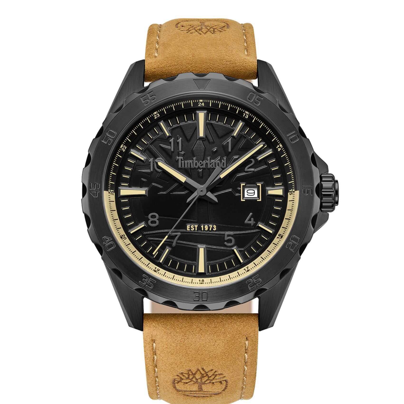 Ανδρικό ρολόι Timberland Day Pond TDWGB0055803 με ταμπά δερμάτινο λουράκι και μαύρο καντράν 45 mm.