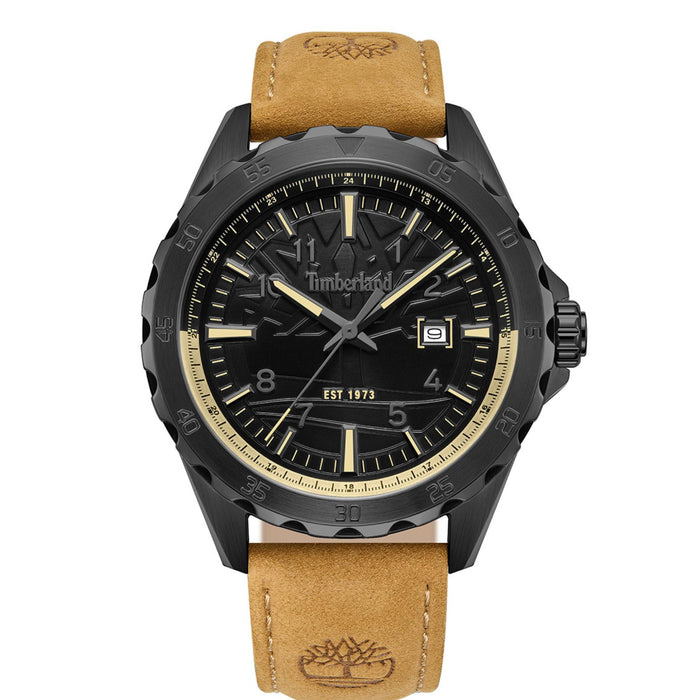 Ανδρικό ρολόι Timberland Day Pond TDWGB0055803 με ταμπά δερμάτινο λουράκι και μαύρο καντράν 45 mm.