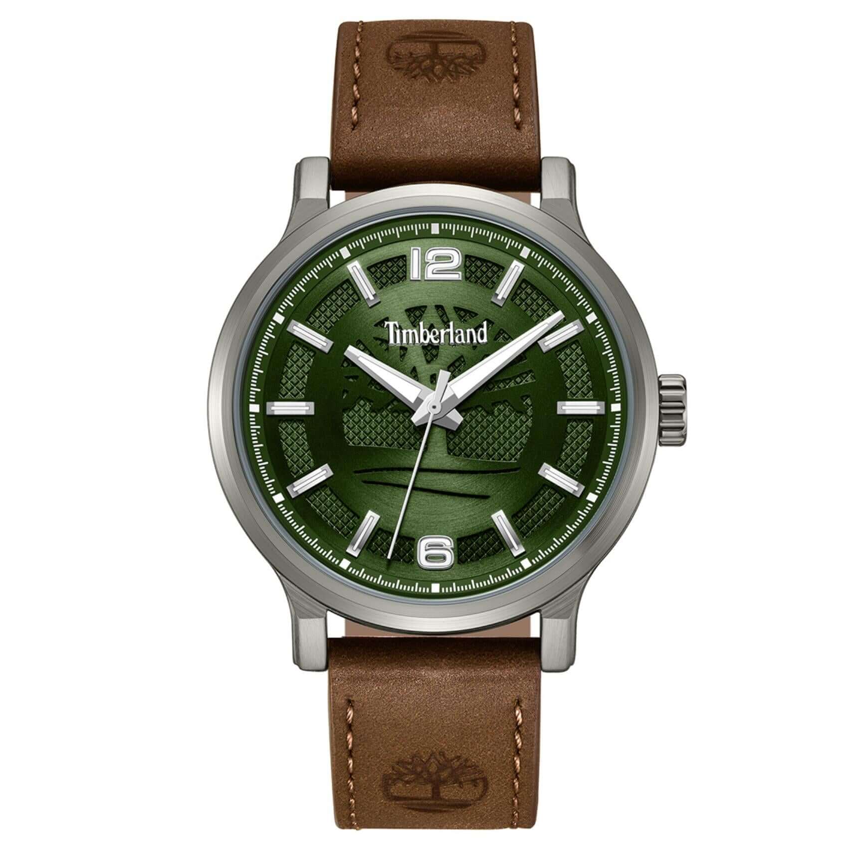Ανδρικό ρολόι Timberland Driscoll TDWGA0094701 με καφέ δερμάτινο λουράκι, πράσινο καντράν 43 mm, quartz μηχανισμό και στεγανότητα 3ATM.
