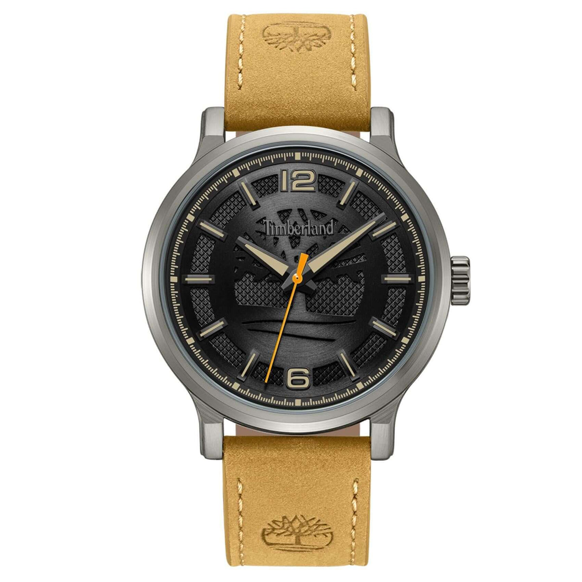 Ανδρικό ρολόι Timberland Driscoll TDWGA0094702 με ταμπά δερμάτινο λουράκι, μαύρο καντράν 43 mm, quartz μηχανισμό και στεγανότητα 3ATM.