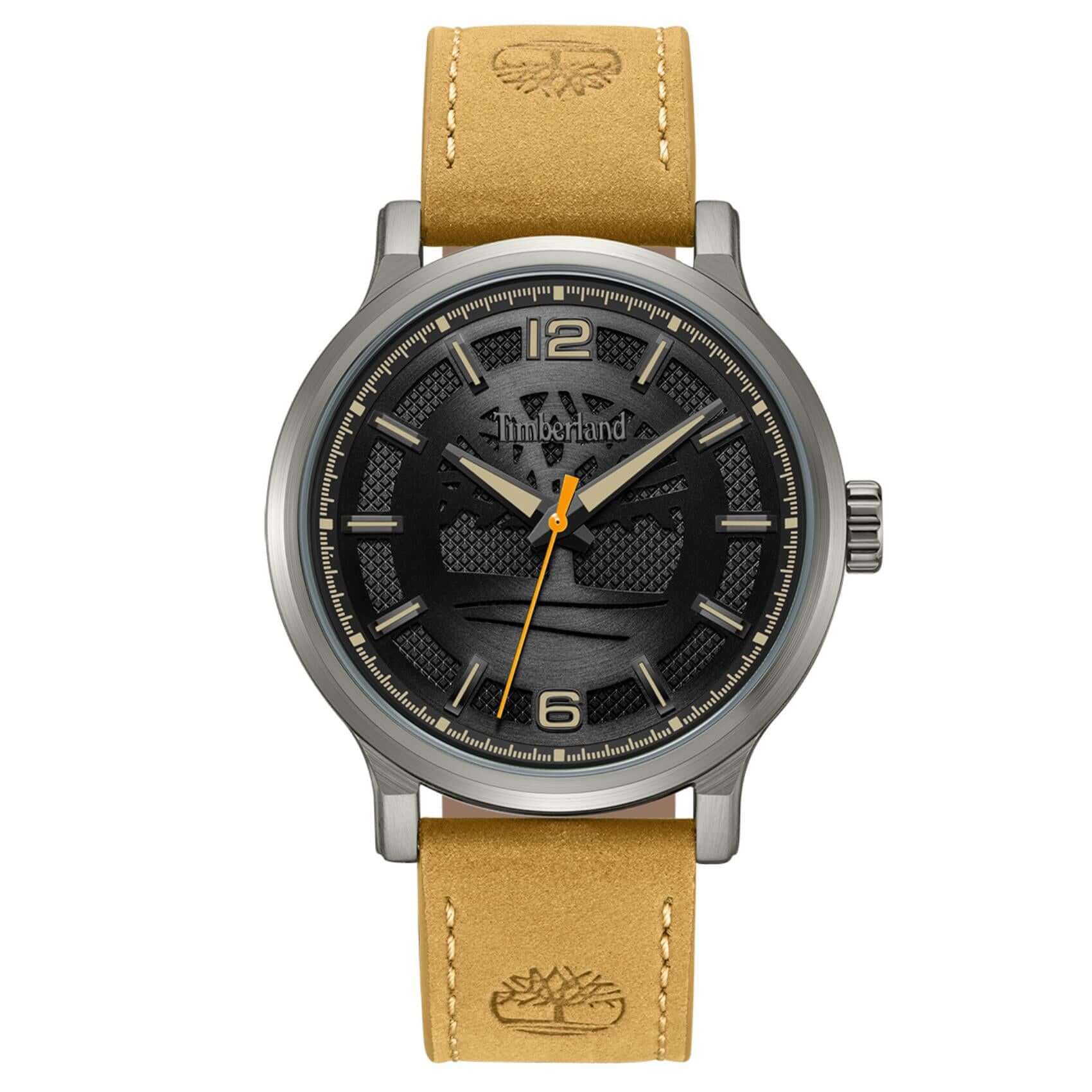 Ανδρικό ρολόι Timberland Driscoll TDWGA0094702 με ταμπά δερμάτινο λουράκι, μαύρο καντράν 43 mm, quartz μηχανισμό και στεγανότητα 3ATM.
