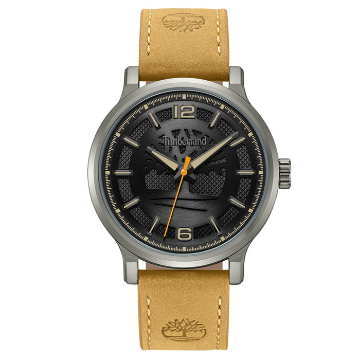 Ανδρικό ρολόι Timberland Driscoll TDWGA0094702 με ταμπά δερμάτινο λουράκι, μαύρο καντράν 43 mm, quartz μηχανισμό και στεγανότητα 3ATM.