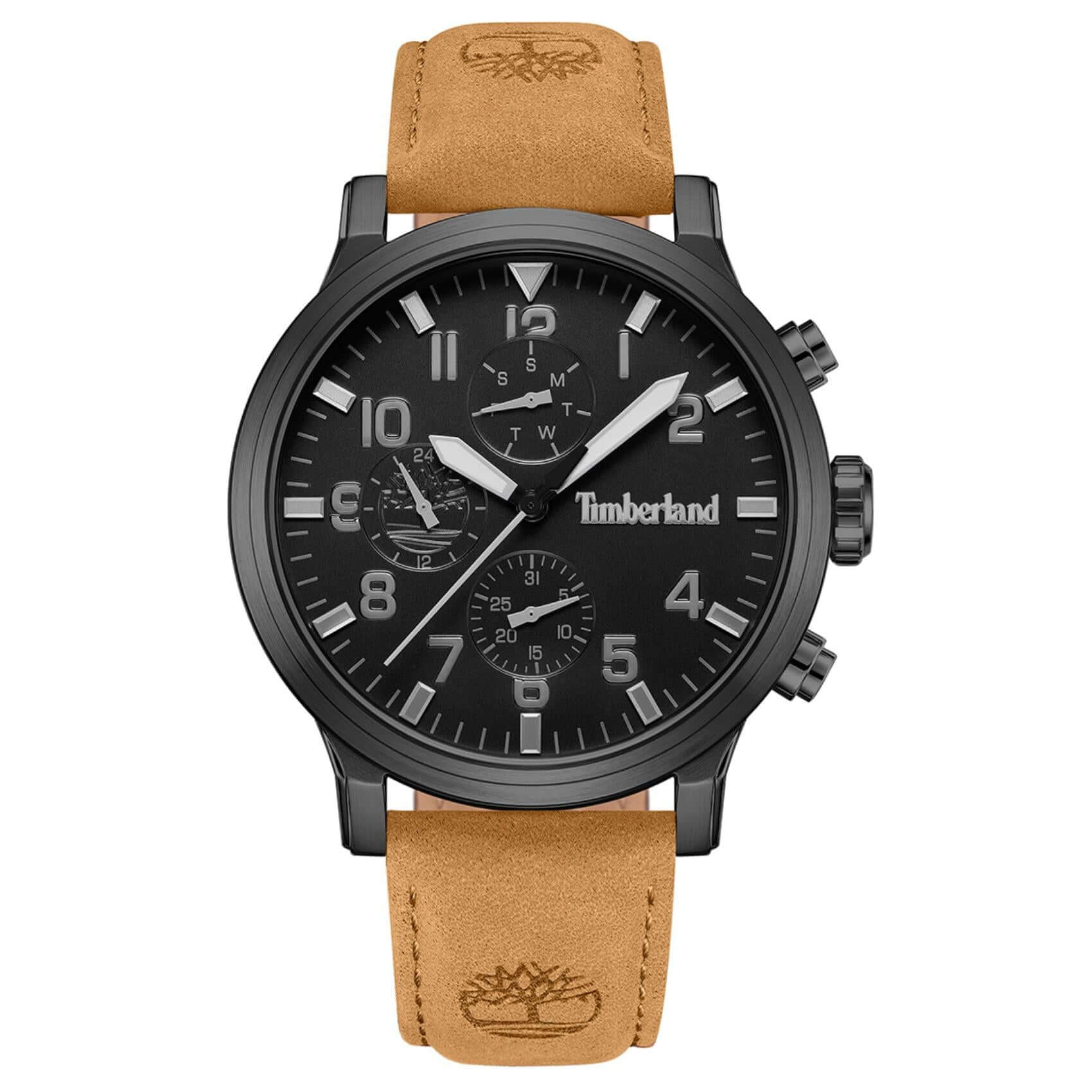 Ανδρικό ρολόι Timberland Driscoll TDWGF0040701 με ταμπά δερμάτινο λουράκι, μαύρο καντράν 46 mm, ένδειξη ημέρας-ημερομηνίας και στεγανότητα 5ATM.
