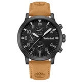 Ανδρικό ρολόι Timberland Driscoll TDWGF0040701 με ταμπά δερμάτινο λουράκι, μαύρο καντράν 46 mm, ένδειξη ημέρας-ημερομηνίας και στεγανότητα 5ATM.