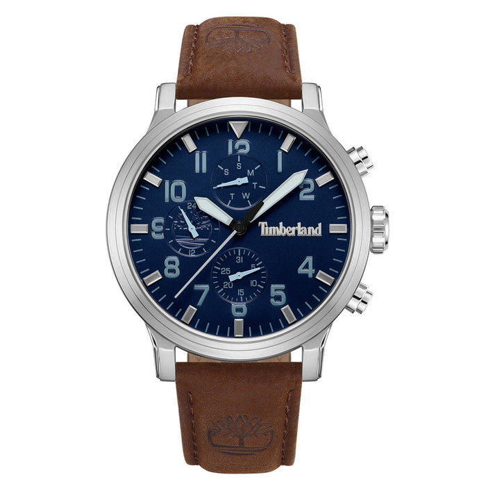 Ανδρικό ρολόι Timberland Driscoll TDWGF0040702 με καφέ δερμάτινο λουράκι και μπλε καντράν 46 mm.