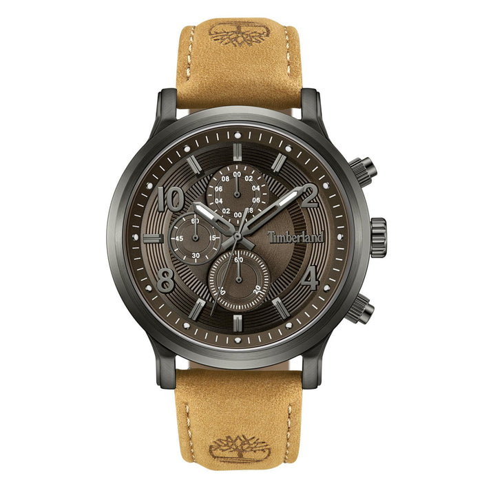 Ανδρικό ρολόι Timberland Driscoll TDWGF0055703 με ταμπά δερμάτινο λουράκι και καφέ καντράν 46 mm.