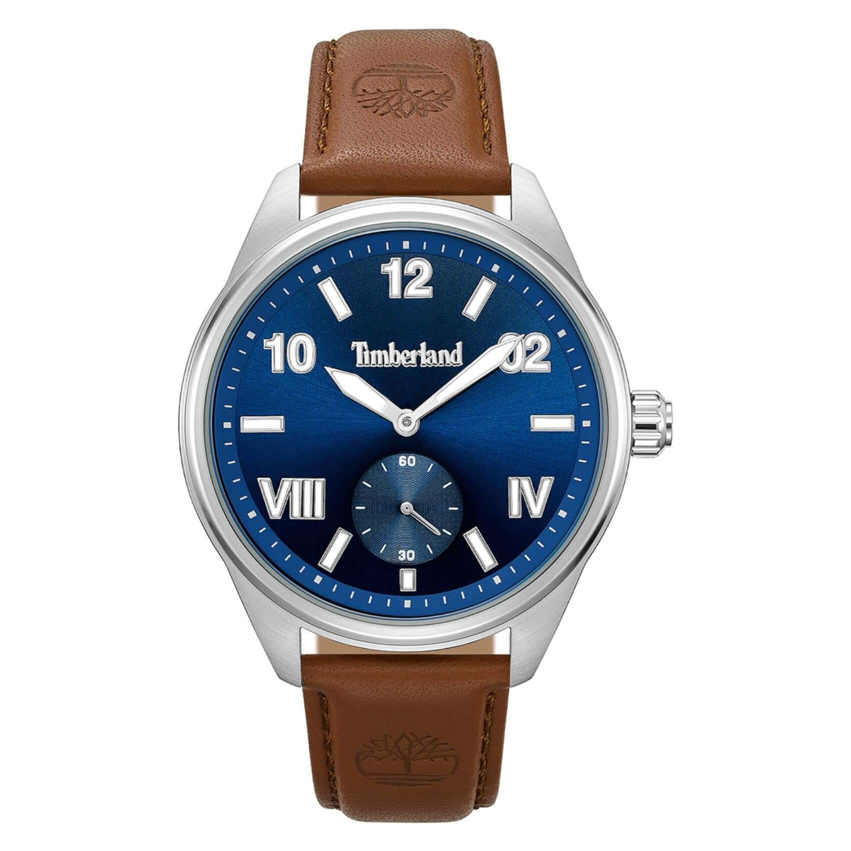 Ανδρικό ρολόι Timberland Fern Row TDWGA0083501 με καφέ δερμάτινο λουράκι, μπλε καντράν 43 mm, quartz μηχανισμό και στεγανότητα 5ATM.