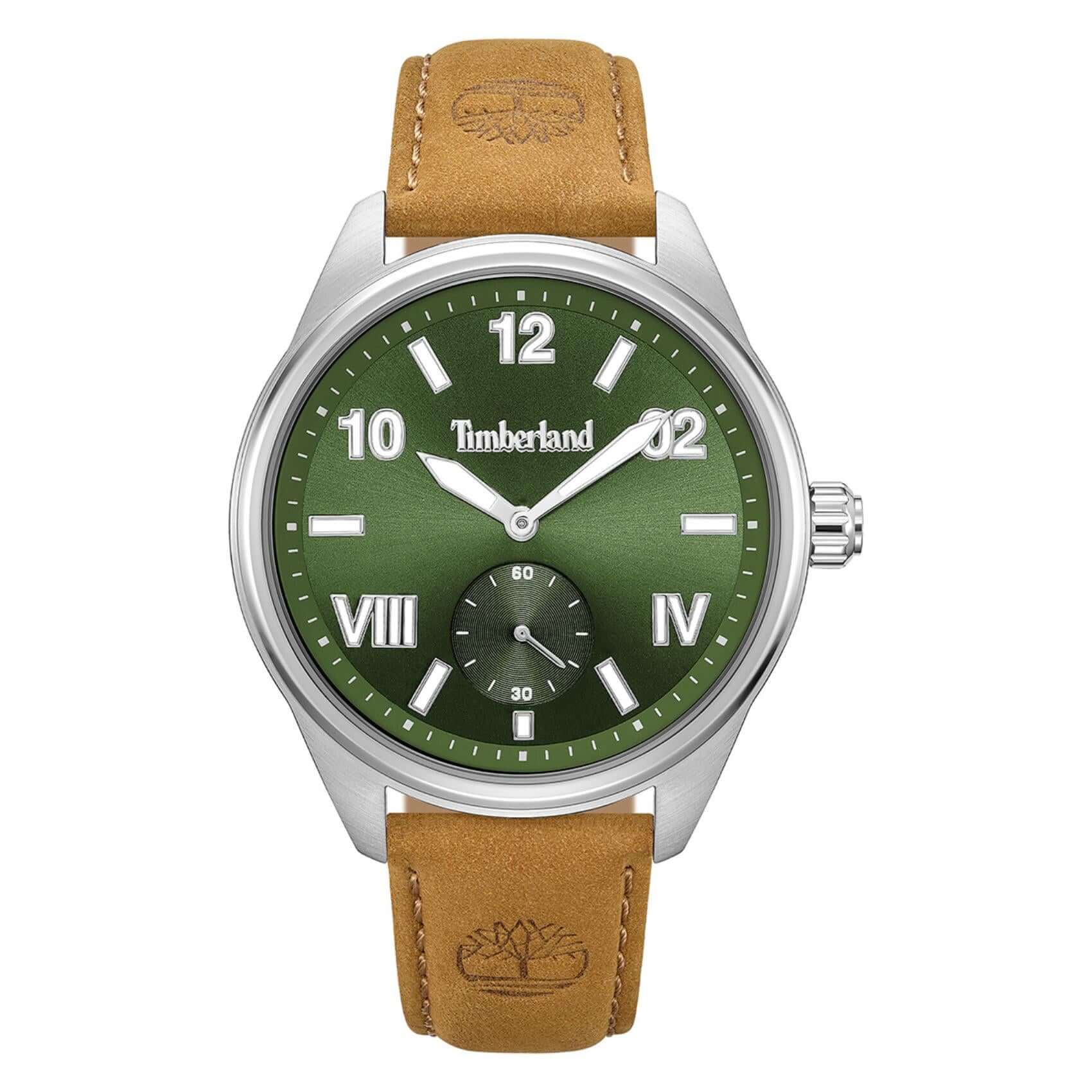 Ανδρικό ρολόι Timberland Fern Row TDWGA0083502 με ταμπά δερμάτινο λουράκι, πράσινο καντράν 43 mm και στεγανότητα 5ATM. 