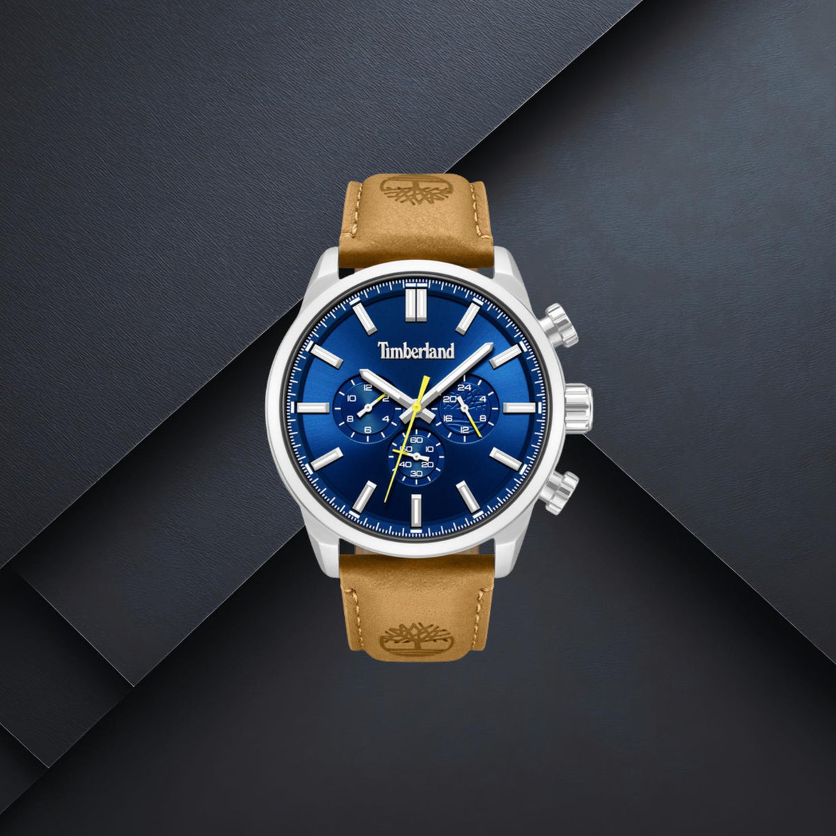 Ανδρικό ρολόι Timberland Henniker II Chrono TDWGF0028702M με καφέ λουράκι, μπλε καντράν 46mm, χρονογράφος