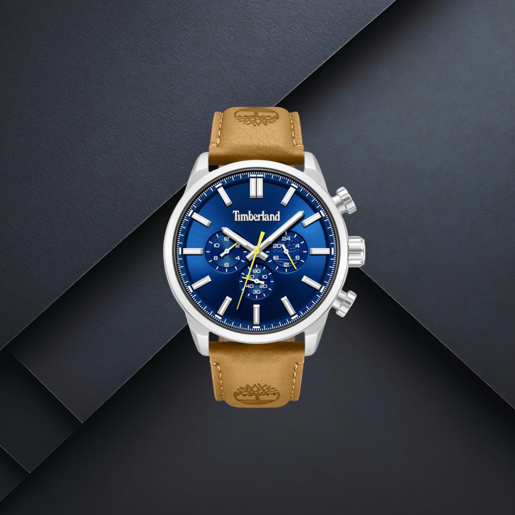 Ανδρικό ρολόι Timberland Henniker II Chrono TDWGF0028702M με καφέ λουράκι, μπλε καντράν 46mm, χρονογράφος