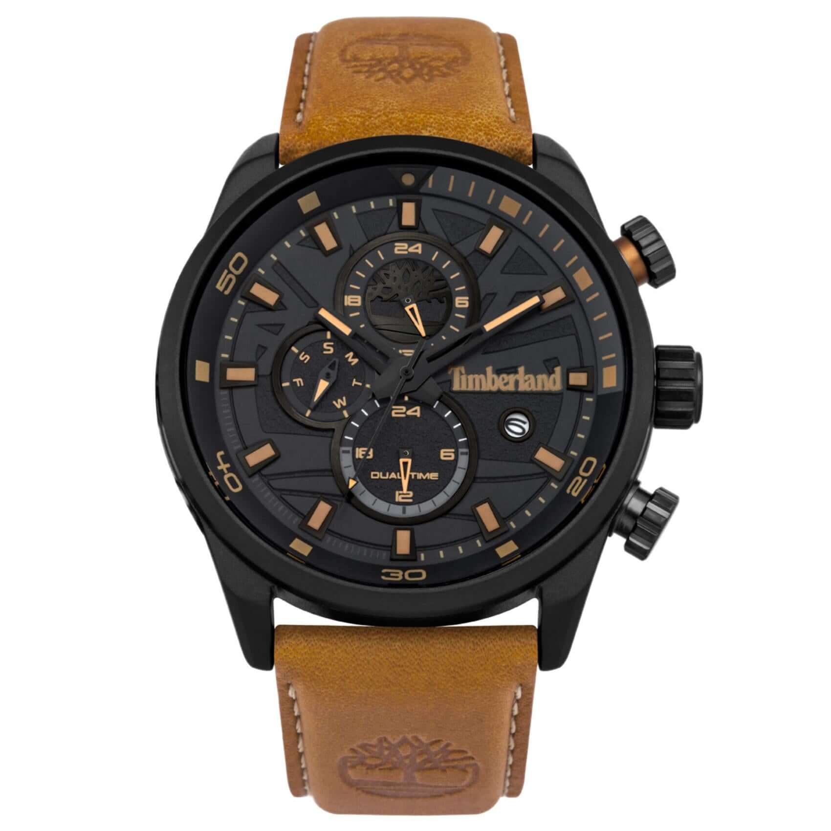 Ανδρικό ρολόι Timberland Henniker II TBL14816JLB02 Dual Time με καφέ δερμάτινο λουράκι, μαύρο καντράν 46 mm, ένδειξη ημέρας, ημερομηνίας, διπλής ώρας και στεγανότητα 5ATM.